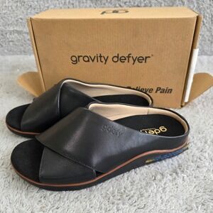 GDefy Gravity Defyer Womens Black Leather Veltal Slide Sandals TB7219FL 8M NEW
